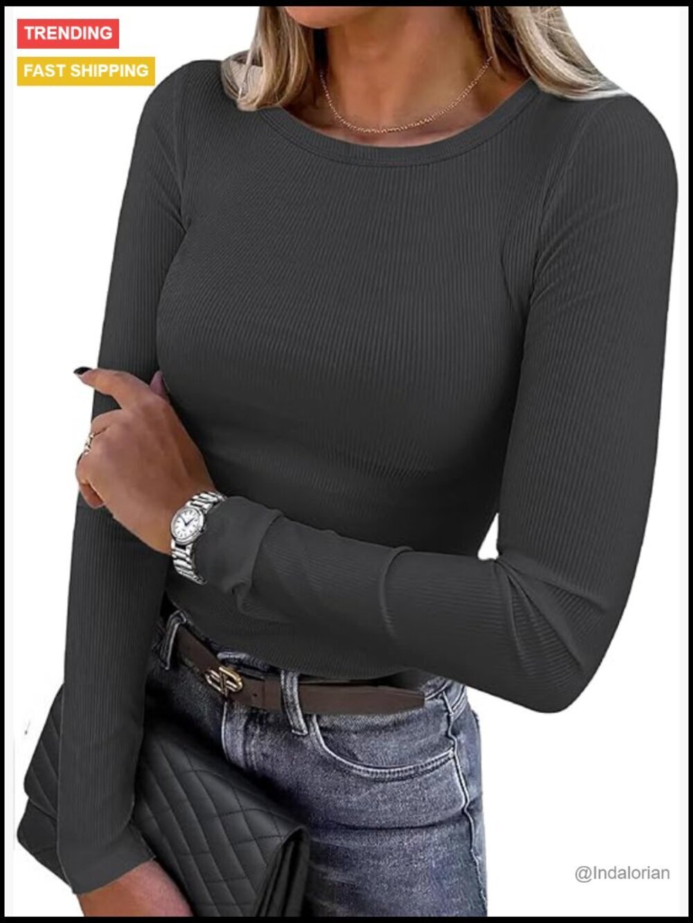 Long Sleeve Ribbed Knit T-Shirt Slim Fit Crewneck Basic Tee